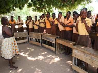 Abiba Nibaradun, ActionAid’s Programme Officer for the Upper West Regional Programme leads an activity with members of the Girls’ Club at the Naabugubelle Basic School in the Sissala East district, Upper West region